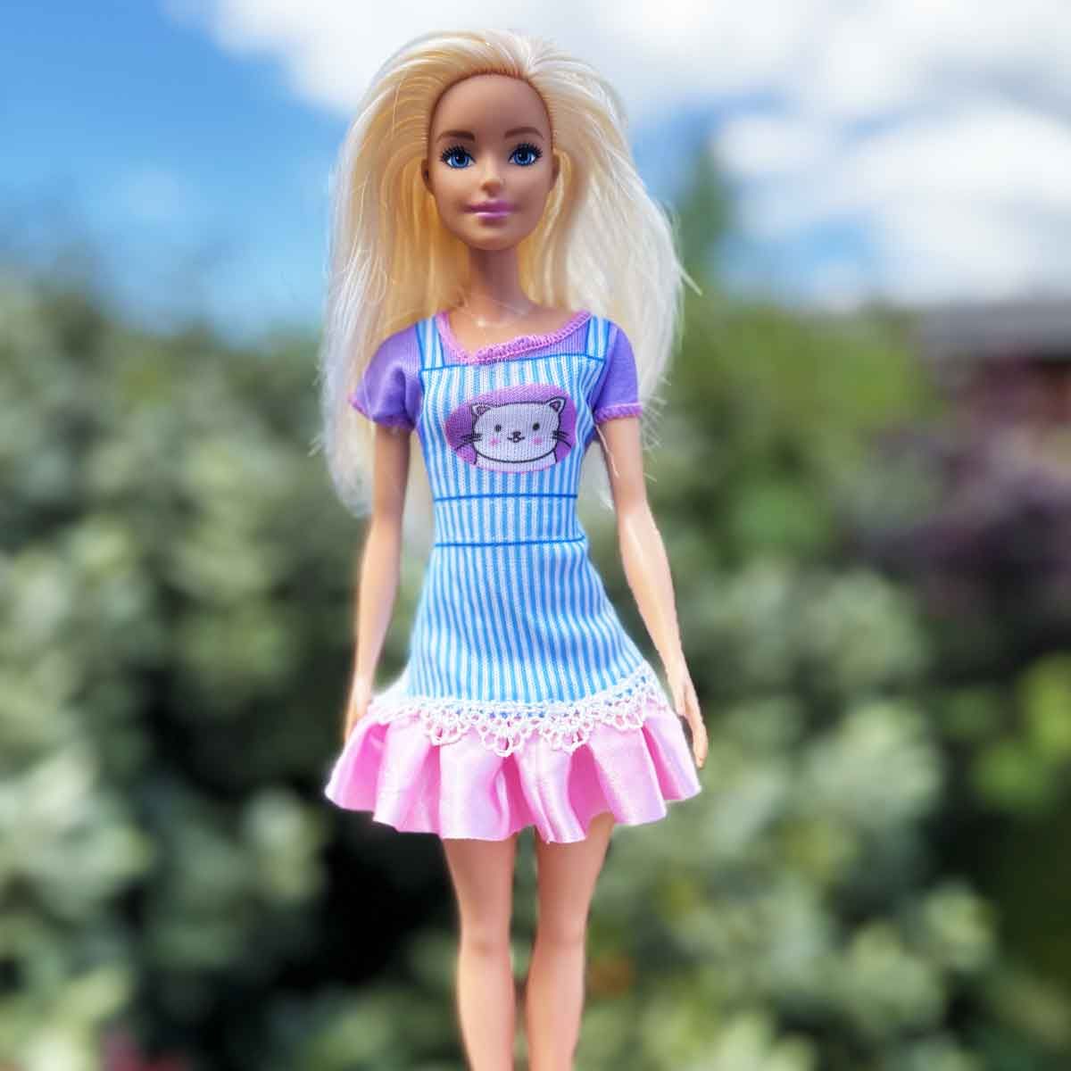 Barbie jurk blauw wit gestreept met roze onderstuk en poezenopdruk
