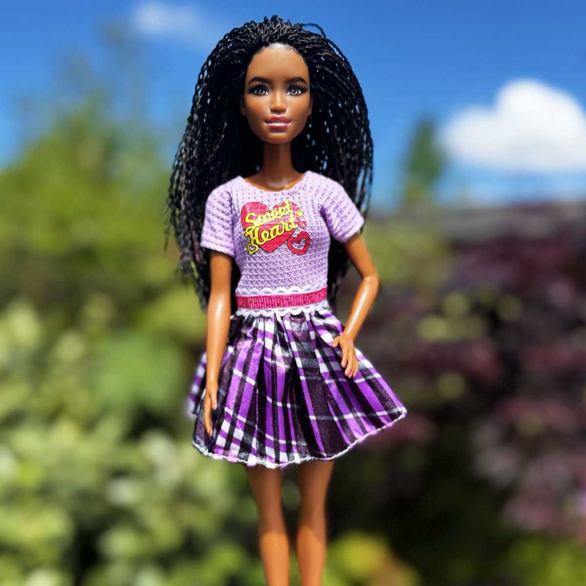 Barbie jurk Sweetheart met paarse ruit en lila top met print