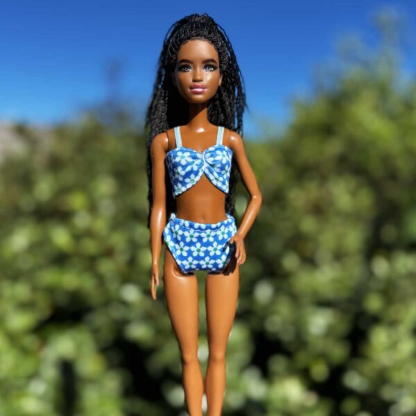 Barbie bikini met bandjes blauw met bloemenprint