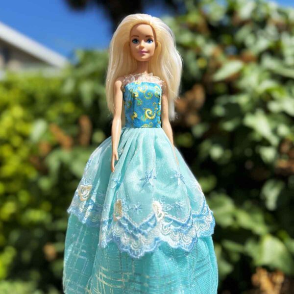Barbie jurk Disney prinsessen strapless blauw met ruitjespatroon