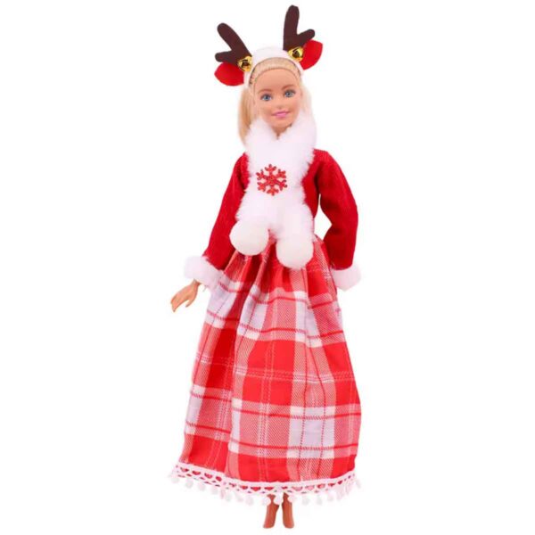 Barbie kerstjurk rood met witte ruit bontkraag en rendierdiadeem